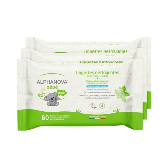 Lingettes épaisses et extra douces pour bébé 3 packs x 60 lingettes - Alphanova Lingettes épaisses et extra douces pour bébé 3 packs x 60 lingettes - Alphanova