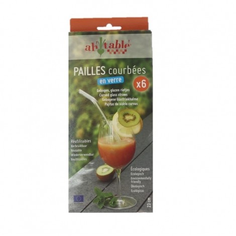 Paille courbée réutilisable en verre - 20 cm - Lot de 6 Paille courbée réutilisable en verre - 20 cm - Lot de 6