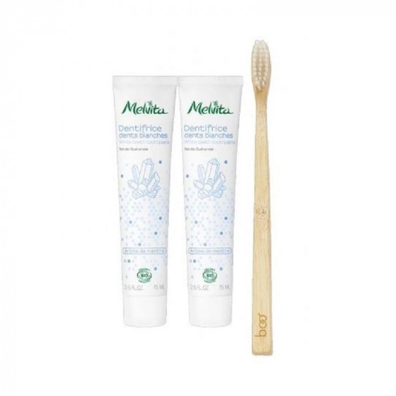 DUO de dentifrices Bio Dents blanches. Arôme de menthe 75 ml + Brosse à dent DUO de dentifrices Bio Dents blanches. Arôme de menthe 75 ml + Brosse à dent