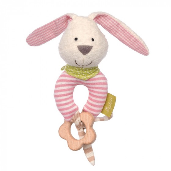 Hochet avec fleur en bois - Lapin rose