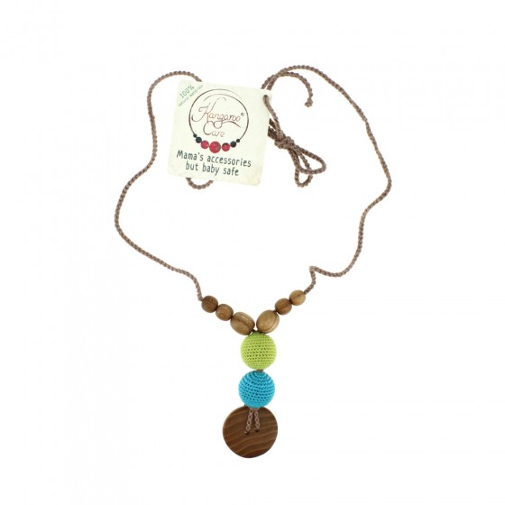 Collier d'allaitement et de portage Vert et Turquoise et bois de chêne