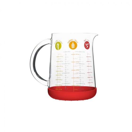 Verre doseur en verre avec poignée et base en silicone rouge -1L Verre doseur en verre avec poignée et base en silicone rouge -1L